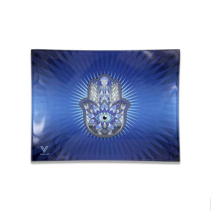 V Syndicate - Hamsa Blue Glass Rolling Tray (6.75